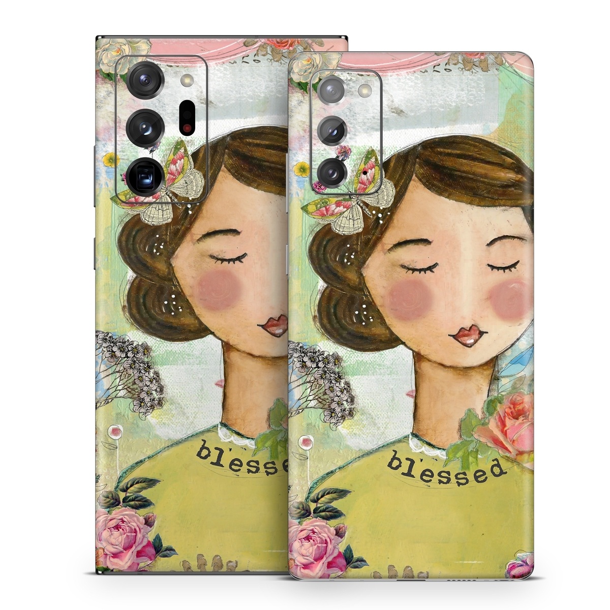 Samsung Galaxy Note 20 Series Skin design of Illustration, Cheek, Art, Watercolor paint, Retro style, Painting, Plant, Flower, Fashion illustration, Fictional character, with pink, green, yellow, white, red, blue colors