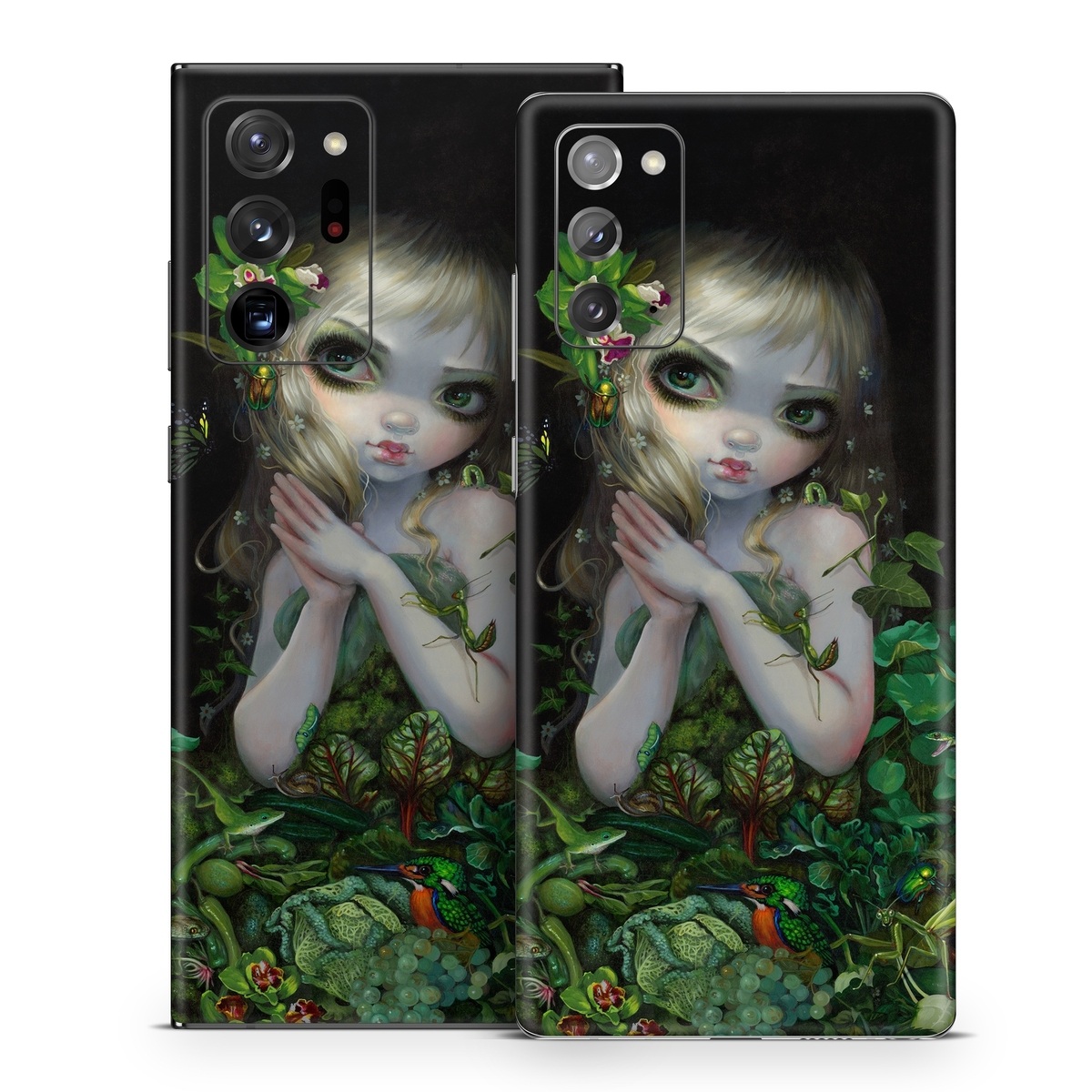 Samsung Galaxy Note 20 Series Skin design of Green, Doll, Fictional character, Lip, Plant, Supervillain, Flower, Illustration, Ivy, Fawn, with black, white, green, red colors