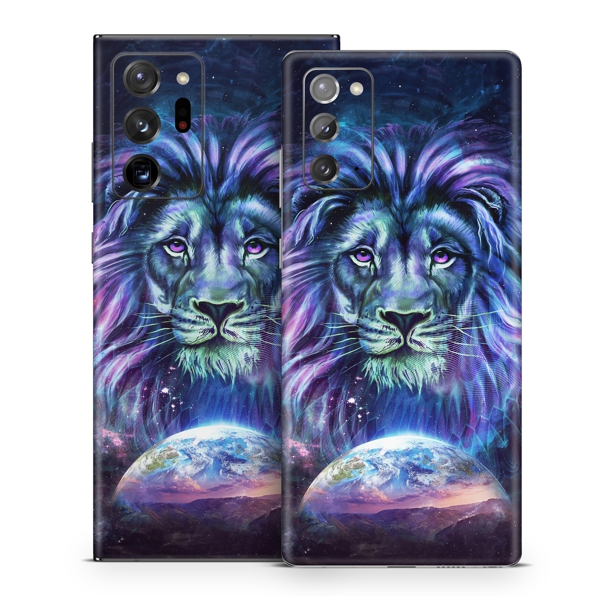 Samsung Galaxy Note 20 Series Skin design of Lion, Felidae, Purple, Wildlife, Big cats, Illustration, Darkness, Space, Painting, Art, with purple, blue, green, black, white, red colors