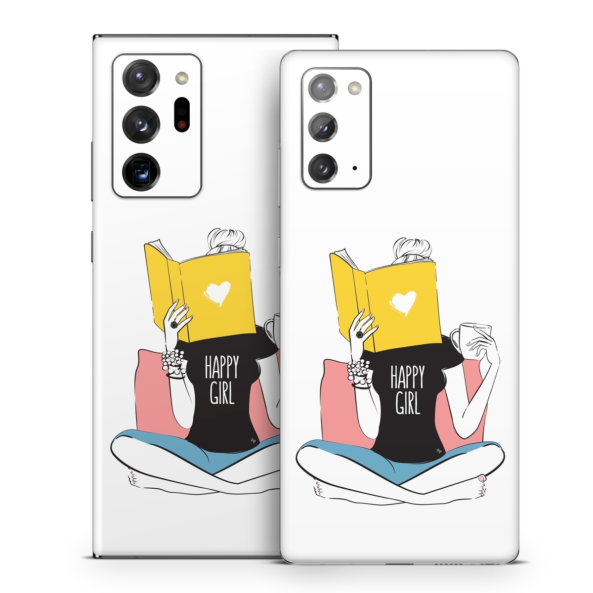 Samsung Galaxy Note 20 Series Skin design of White, Sleeve, Gesture, Cartoon, Comfort, Elbow, Font, Graphics, Knee, Art, with white, black, blue, pink, yellow colors