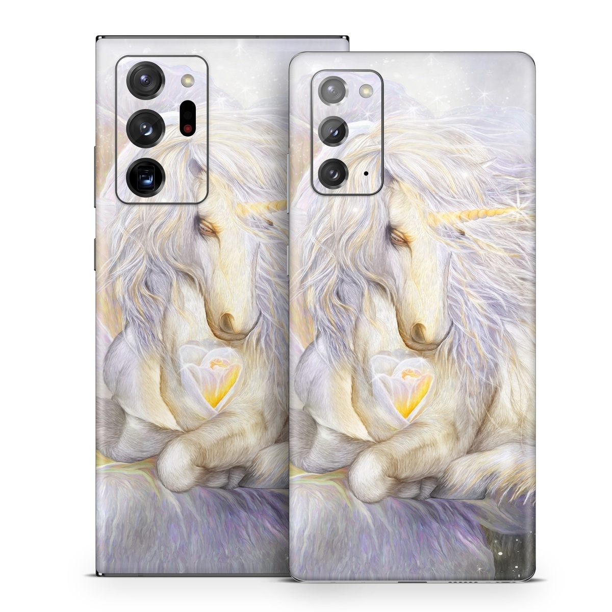 Samsung Galaxy Note 20 Series Skin design of Fictional character, Mythical creature, Unicorn, Sky, Mythology, Supernatural creature, Illustration, with gray, black, green, pink, blue colors