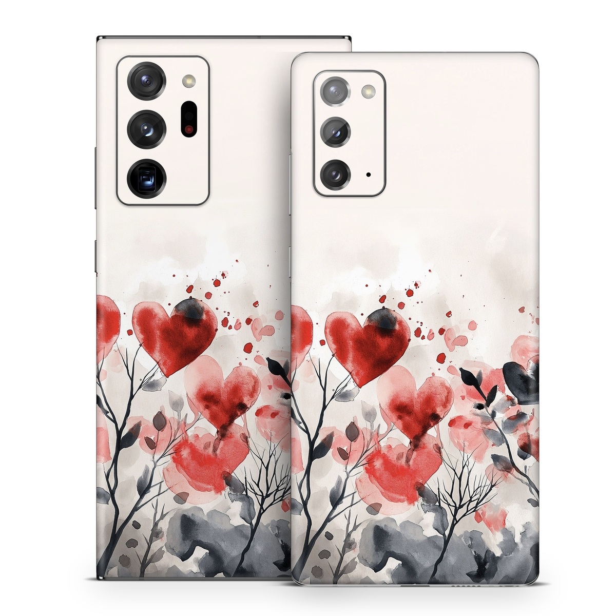 Samsung Galaxy Note 20 Series Skin design of Flower, Plant, Petal, Sky, Natural landscape, Twig, Tree, Art, Painting, Flowering plant, with white, black, gray, red, pink colors