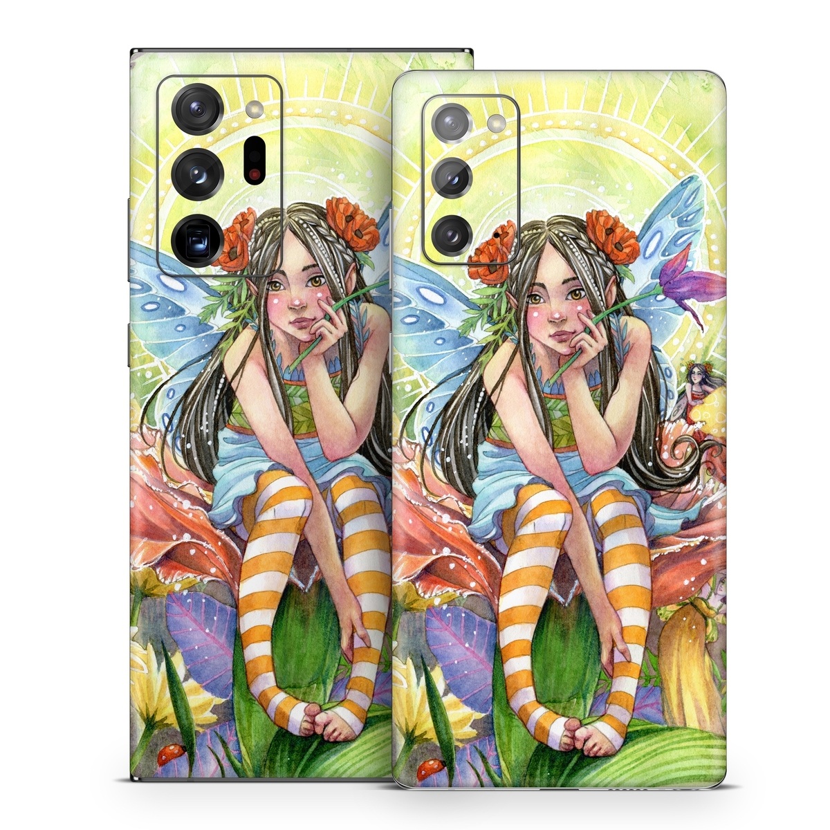 Samsung Galaxy Note 20 Series Skin design of Fictional character, Illustration, Art, Plant, Painting, Wildflower, Mythical creature, with gray, green, black, yellow, red colors