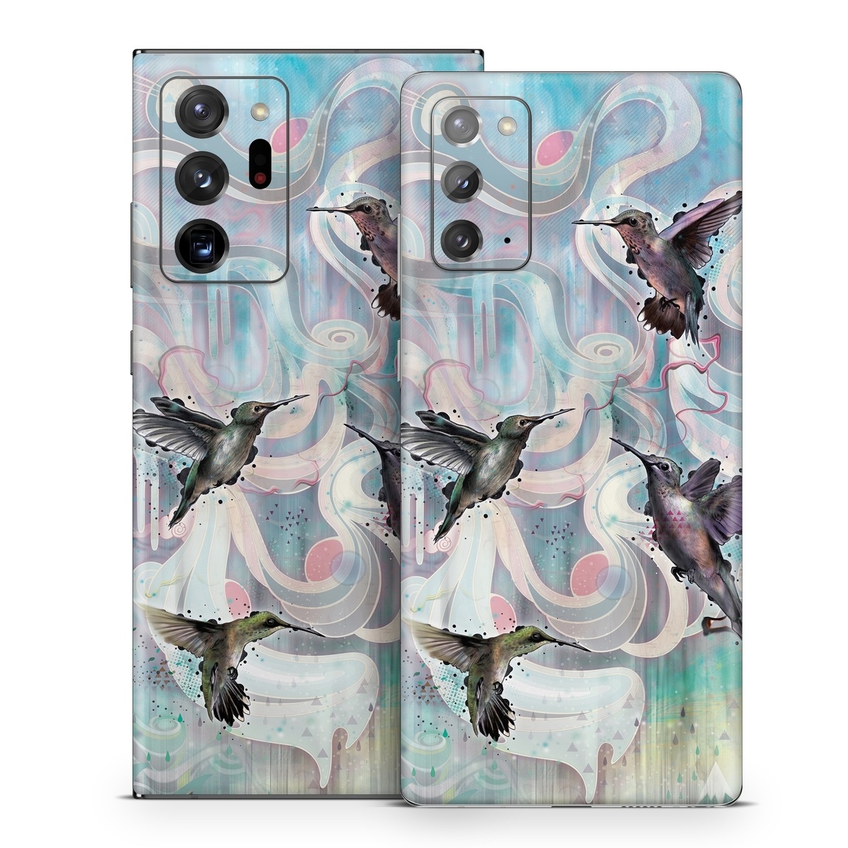 Samsung Galaxy Note 20 Series Skin design of Bird, Watercolor paint, Illustration, Hummingbird, Painting, Art, Wing, Fictional character, Acrylic paint, Perching bird, with gray, blue, black colors