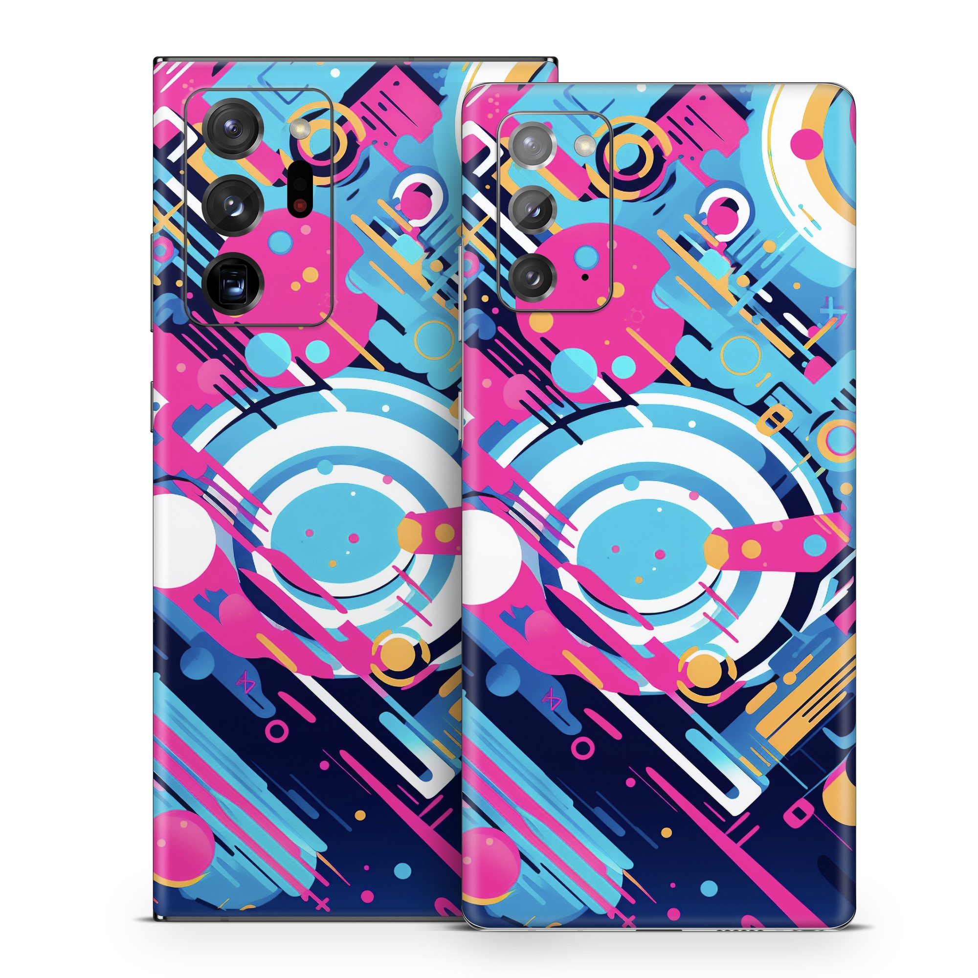 Samsung Galaxy Note 20 Series Skin design of Colorfulness, Font, Line, Material property, Art, Magenta, Pattern, Electric blue, Circle, Graphics, with blue, pink, black, white, orange colors