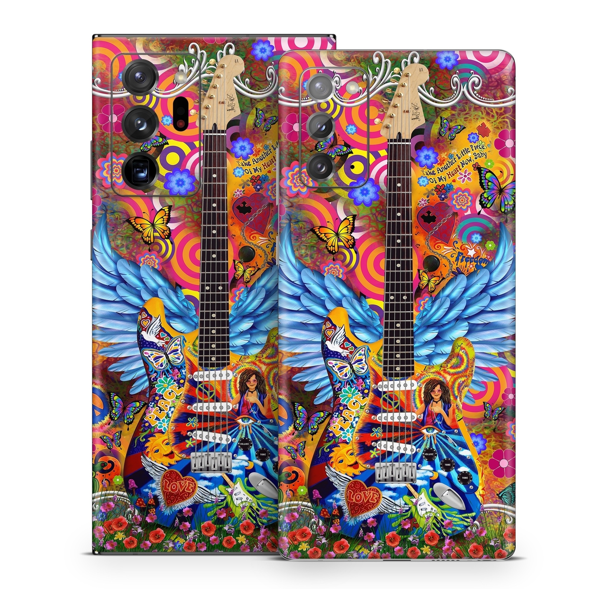 Samsung Galaxy Note 20 Series Skin design of Musical instrument, Guitar, Guitar accessory, Textile, Organism, String instrument, Plucked string instruments, String instrument accessory, Art, Font, with red, yellow, orange, pink, black, white, blue, brown, green colors