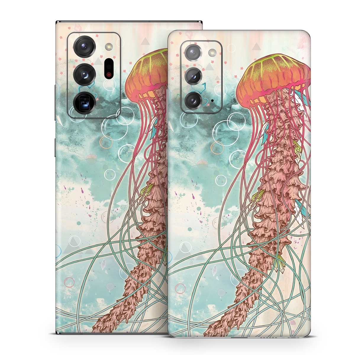 Samsung Galaxy Note 20 Series Skin design of Jellyfish, Illustration, Water, Cnidaria, Marine invertebrates, Organism, Portuguese man o' war, Art, Nepenthes, Invertebrate, with gray, pink, yellow, red, green colors