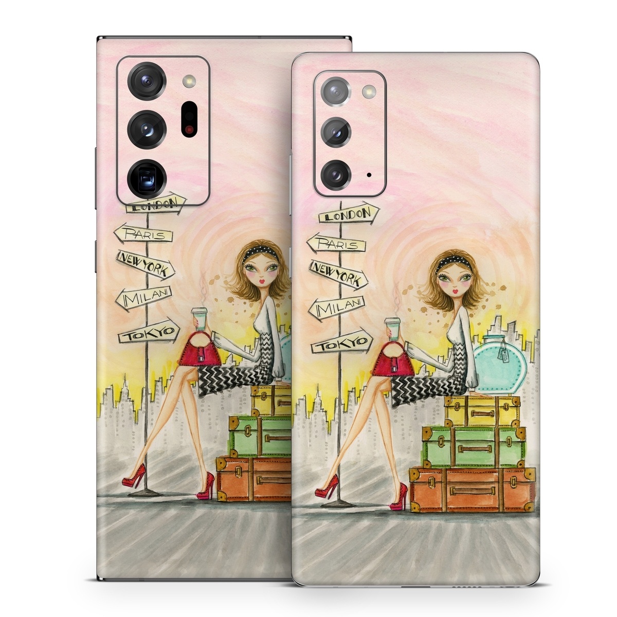 Samsung Galaxy Note 20 Series Skin design of Cartoon, Illustration, Art, Watercolor paint, with gray, pink, green, red, black colors