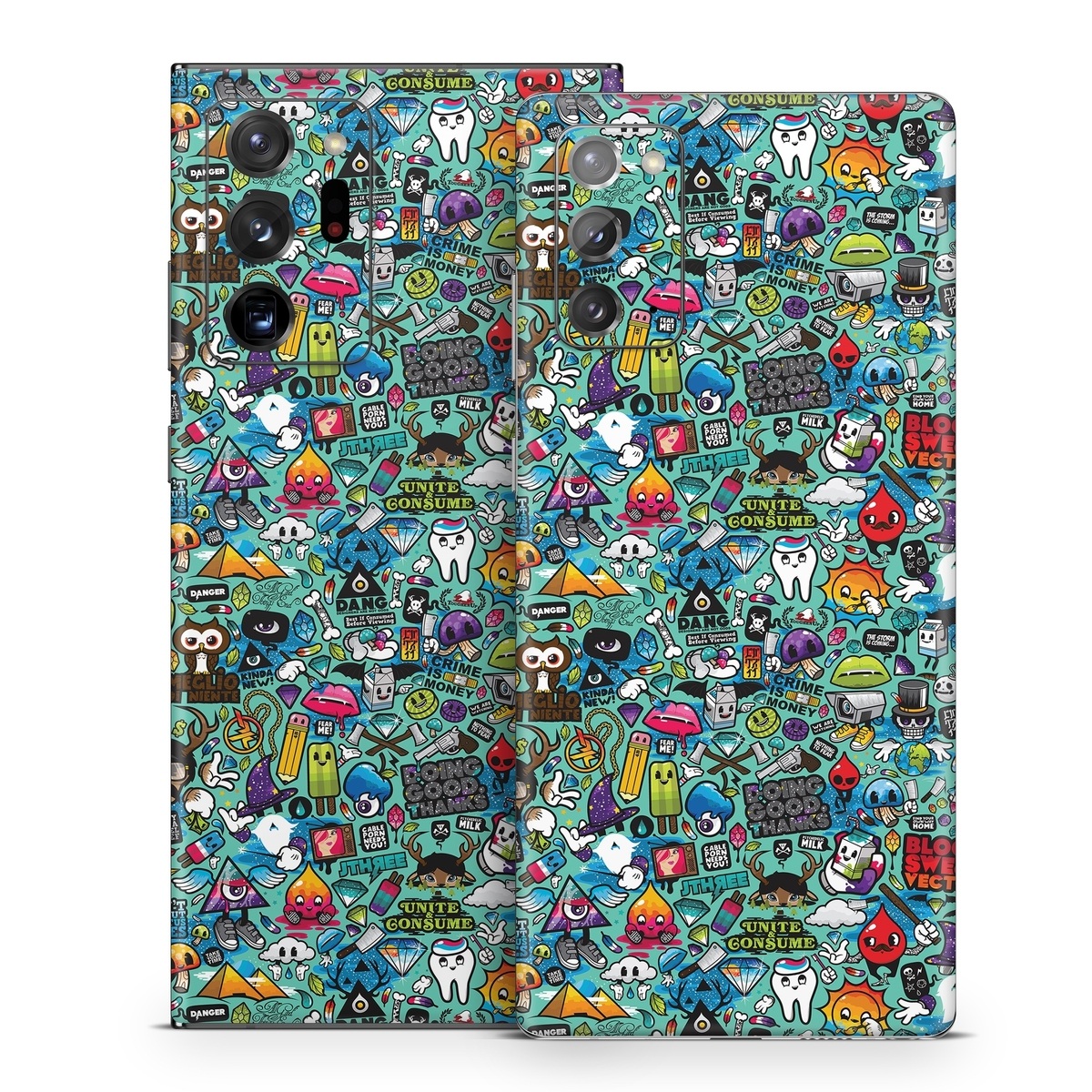 Samsung Galaxy Note 20 Series Skin design of Cartoon, Art, Pattern, Design, Illustration, Visual arts, Doodle, Psychedelic art, with black, blue, gray, red, green colors