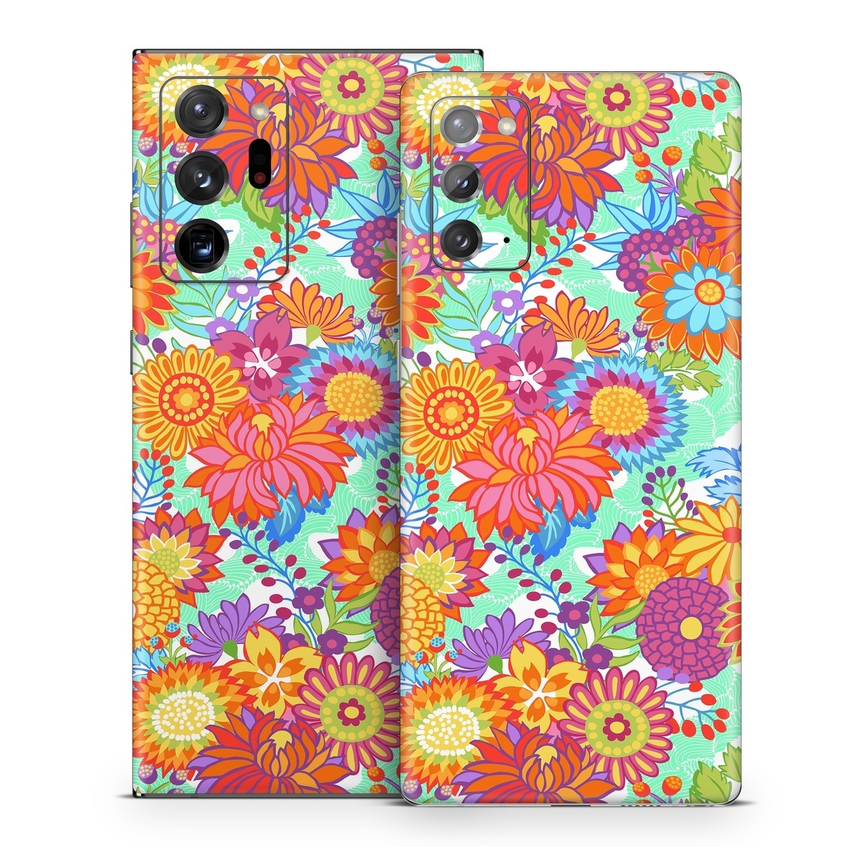 Samsung Galaxy Note 20 Series Skin design of Pattern, Floral design, Orange, Flower, Design, Textile, Plant, Wildflower, Wrapping paper, Visual arts, with gray, orange, green, purple colors