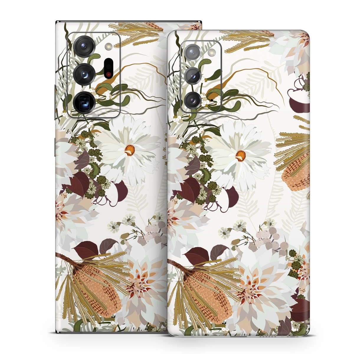 Samsung Galaxy Note 20 Series Skin design of Flower, Botany, Plant, Floral design, Wildflower, Pattern, Wallpaper, Textile, Petal, Butterfly, with white, brown, green, gray colors