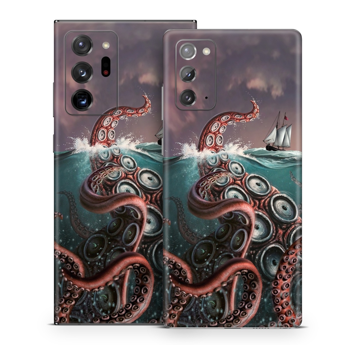 Samsung Galaxy Note 20 Series Skin design of Octopus, Water, Illustration, Wind wave, Sky, Graphic design, Organism, Cephalopod, Cg artwork, giant pacific octopus, with blue, gray, white, brown, red colors