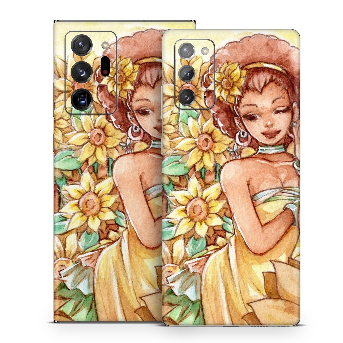 Samsung Galaxy Note 20 Series Skin design of Painting, Illustration, Art, Fictional character, Plant, Flower, Clip art, with yellow, orange, brown, green colors