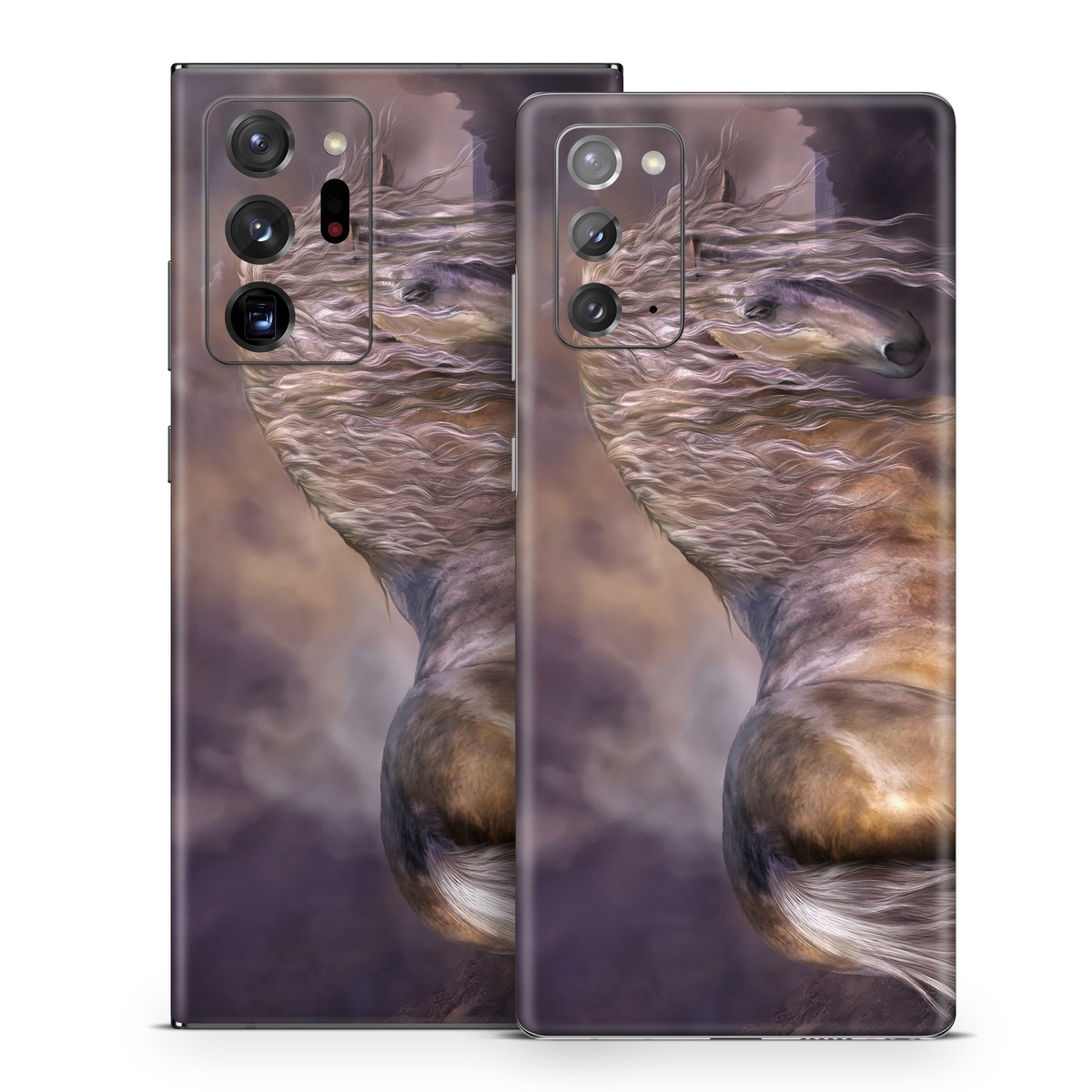 Samsung Galaxy Note 20 Series Skin design of Horse, Mane, Stallion, Mustang horse, Fictional character, Mare, Painting, Wildlife, Mythical creature, with black, gray, red, blue, green colors