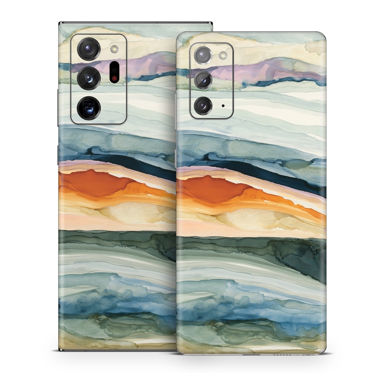 Samsung Galaxy Note 20 Series Skin design of Watercolor paint, Painting, Sky, Wave, Geology, Landscape, Pattern, Acrylic paint, Cloud, Paint, with blue, purple, orange, yellow, red, green, brown colors