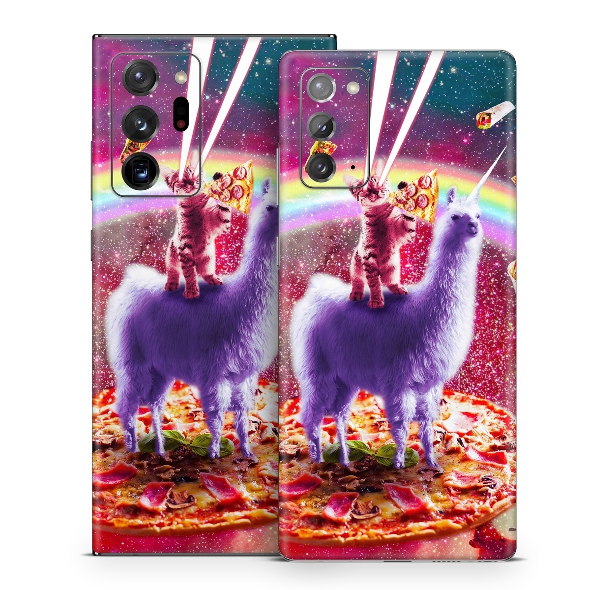Samsung Galaxy Note 20 Series Skin design of Llama, Unicorn, Fictional character, Illustration, Graphic design, Livestock, Camelid, Mythical creature, Graphics, Art, with red, white, yellow, gray, purple, blue, green colors
