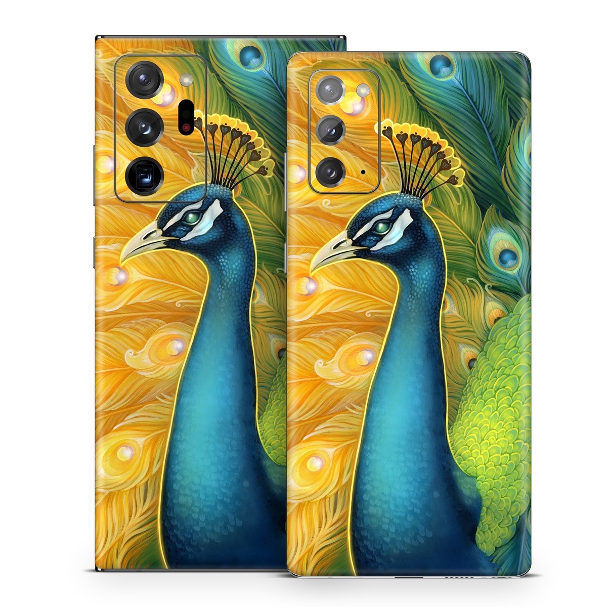Samsung Galaxy Note 20 Series Skin design of Bird, Peafowl, Phasianidae, Beak, Organism, Art paint, Galliformes, Art, Feather, Painting, with yellow, orange, green, blue, white, black colors