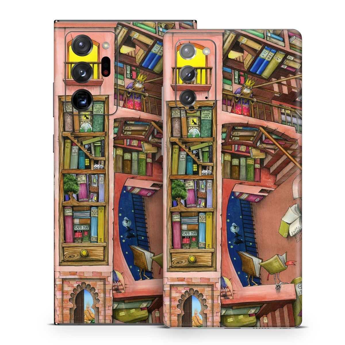 Samsung Galaxy Note 20 Series Skin design of Cartoon, Building, Art, Architecture, Design, Fun, Retail, Illustration, Neighbourhood, Room, with pink, yellow, blue, red, orange, brown colors