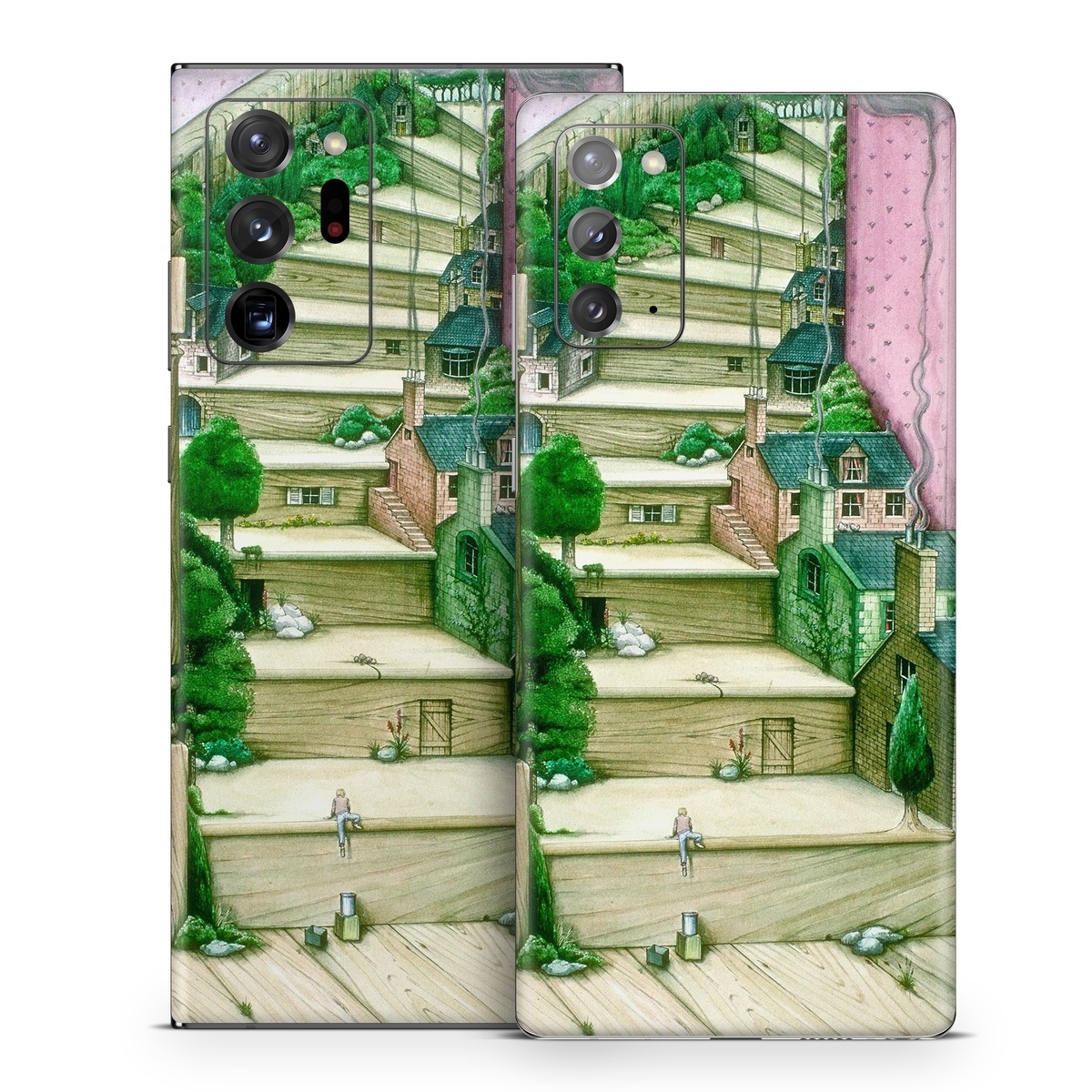 Samsung Galaxy Note 20 Series Skin design of Green, Stairs, House, Watercolor paint, Home, Illustration, Building, Wood, Plant, Sketch, with pink, green, brown colors