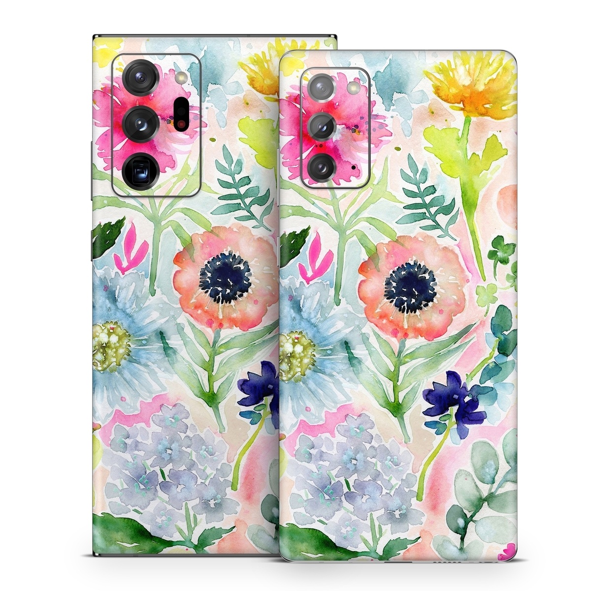 Samsung Galaxy Note 20 Series Skin design of Flower, Watercolor paint, Plant, Flowering plant, Pattern, Floral design, Botany, Petal, Wildflower, Design, with green, pink, yellow, orange, blue, red, purple colors