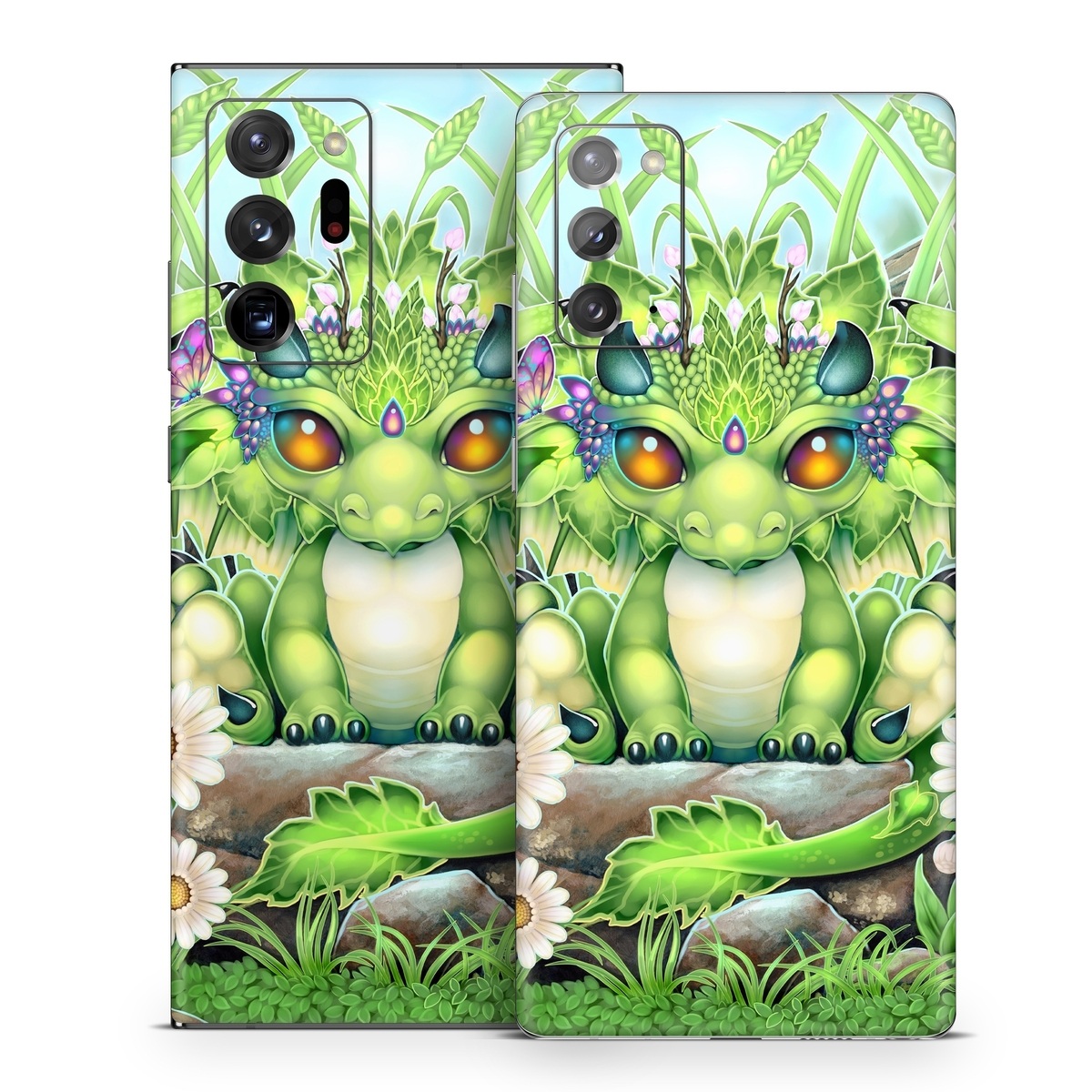 Samsung Galaxy Note 20 Series Skin design of Plant, Green, Leaf, Natural environment, Flower, Terrestrial plant, Grass, Creative arts, People in nature, Art, with green, white, yellow, brown, blue colors