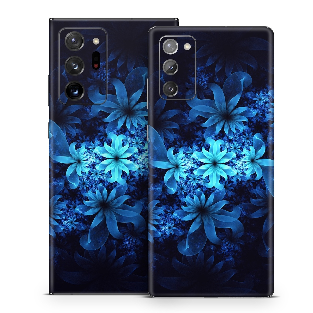Samsung Galaxy Note 20 Series Skin design of Nature, Blue, Petal, Organism, Darkness, Flower, Colorfulness, Electric Blue, Majorelle Blue, Pattern, Botany, Still Life Photography, Space, Aquatic Plant, Fractal Art, Visual Arts, Illustration, Symmetry, Midnight, Wildflower, Painting, Still Life, with black, blue, white colors