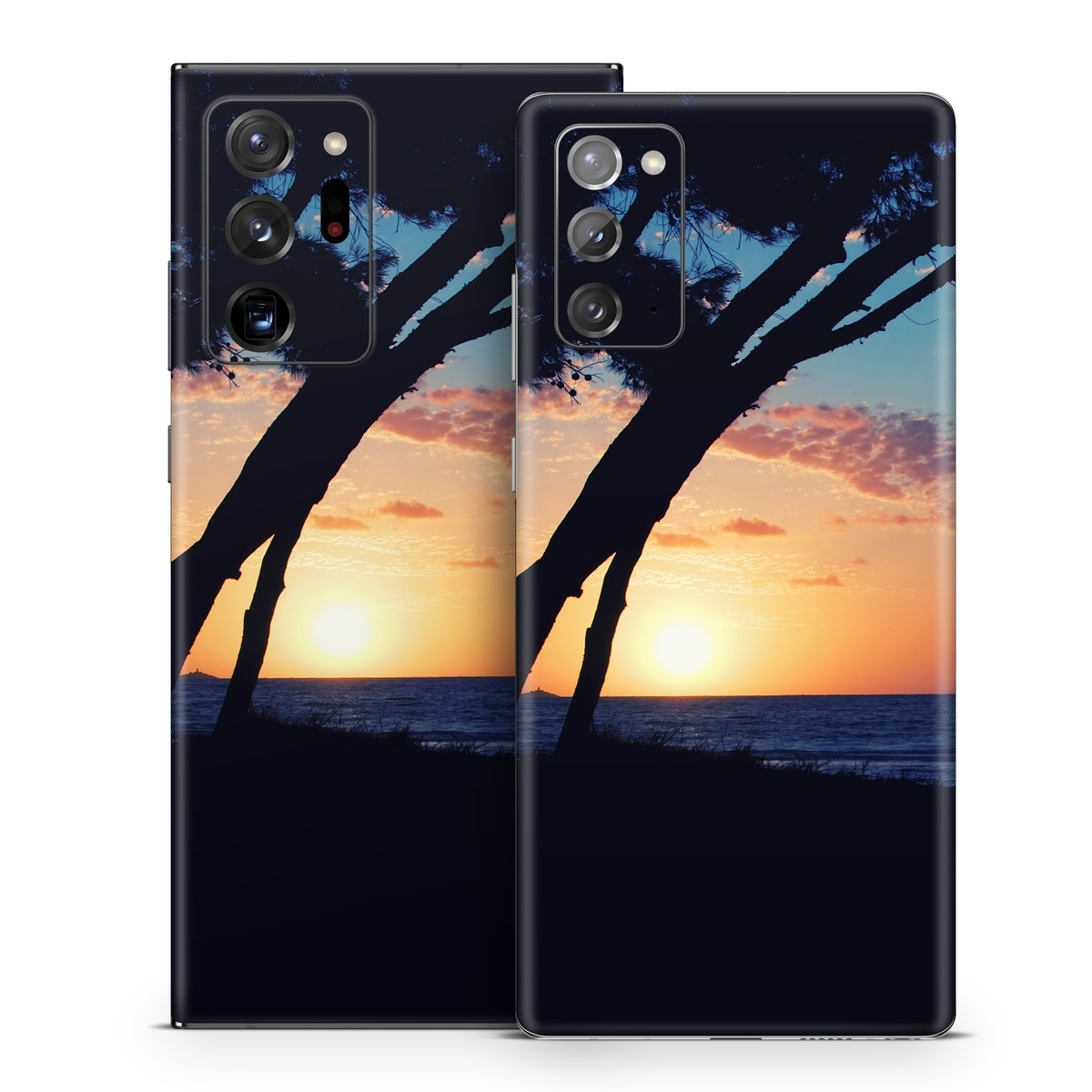 Samsung Galaxy Note 20 Series Skin design of Sky, Horizon, Nature, Tree, Sunset, Sunrise, Ocean, Sea, Natural landscape, Afterglow, with black, gray, blue, green, red, pink colors