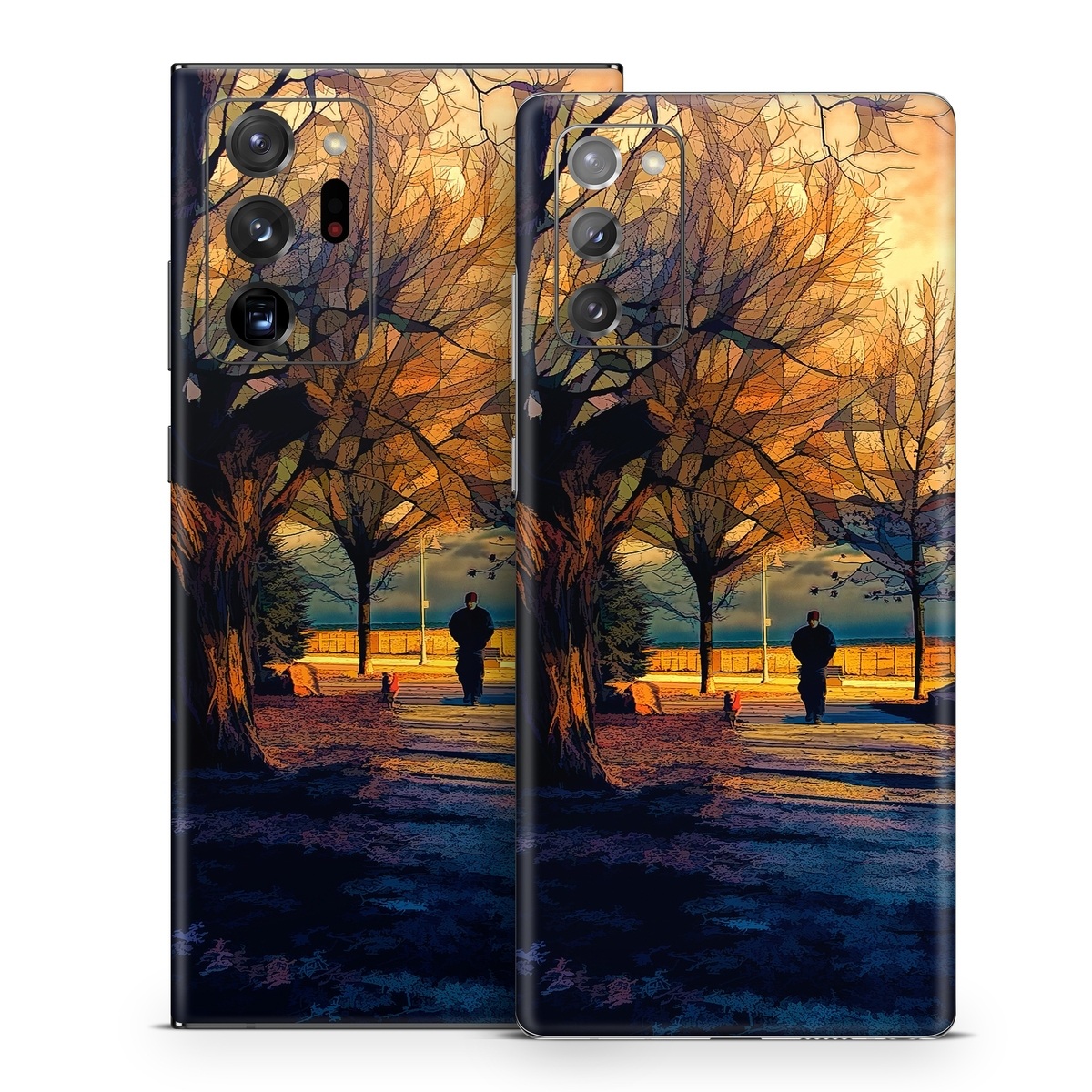 Samsung Galaxy Note 20 Series Skin design of Sky, Nature, Natural landscape, Tree, Cloud, Sunset, Evening, Morning, Sunrise, Horizon, with black, brown, yellow, orange, blue colors
