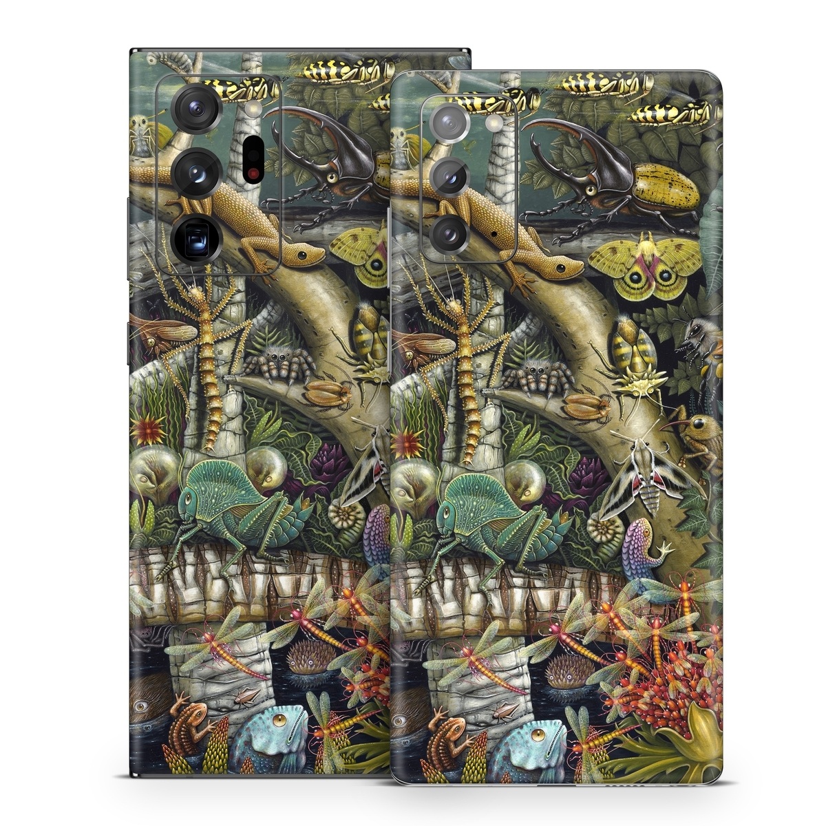 Samsung Galaxy Note 20 Series Skin design of Strategy video game, Mythology, Art, Games, Plant, Painting, Adventure game, Jungle, Fictional character, Nepenthes, with green, brown, red, yellow, gray, blue, white colors