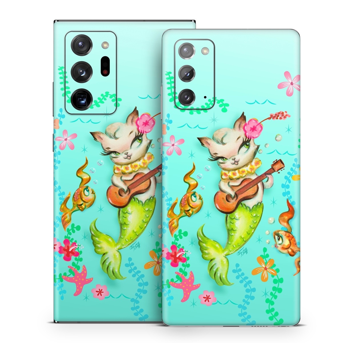 Samsung Galaxy Note 20 Series Skin design of Fictional character, Illustration, Mermaid, Mythical creature, Clip art, Art, with blue, green, pink, yellow, orange, white, gray, brown colors
