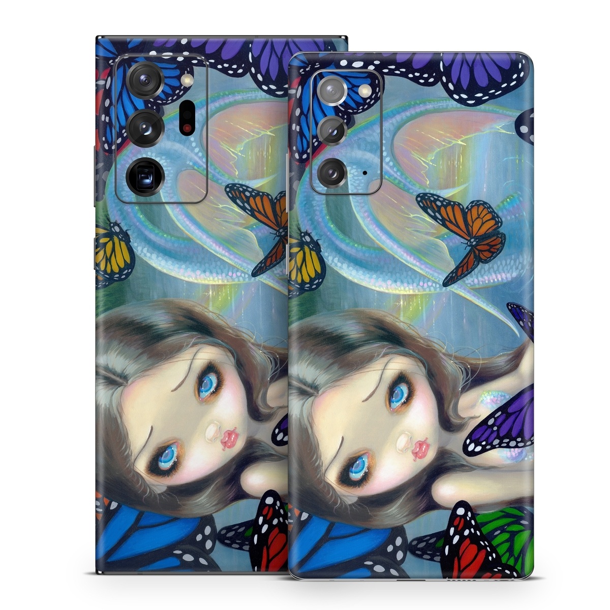 Samsung Galaxy Note 20 Series Skin design of Butterfly, Insect, Monarch butterfly, Moths and butterflies, Cynthia (subgenus), Invertebrate, Pollinator, Brush-footed butterfly, Organism, Art, with gray, black, blue, red, pink colors
