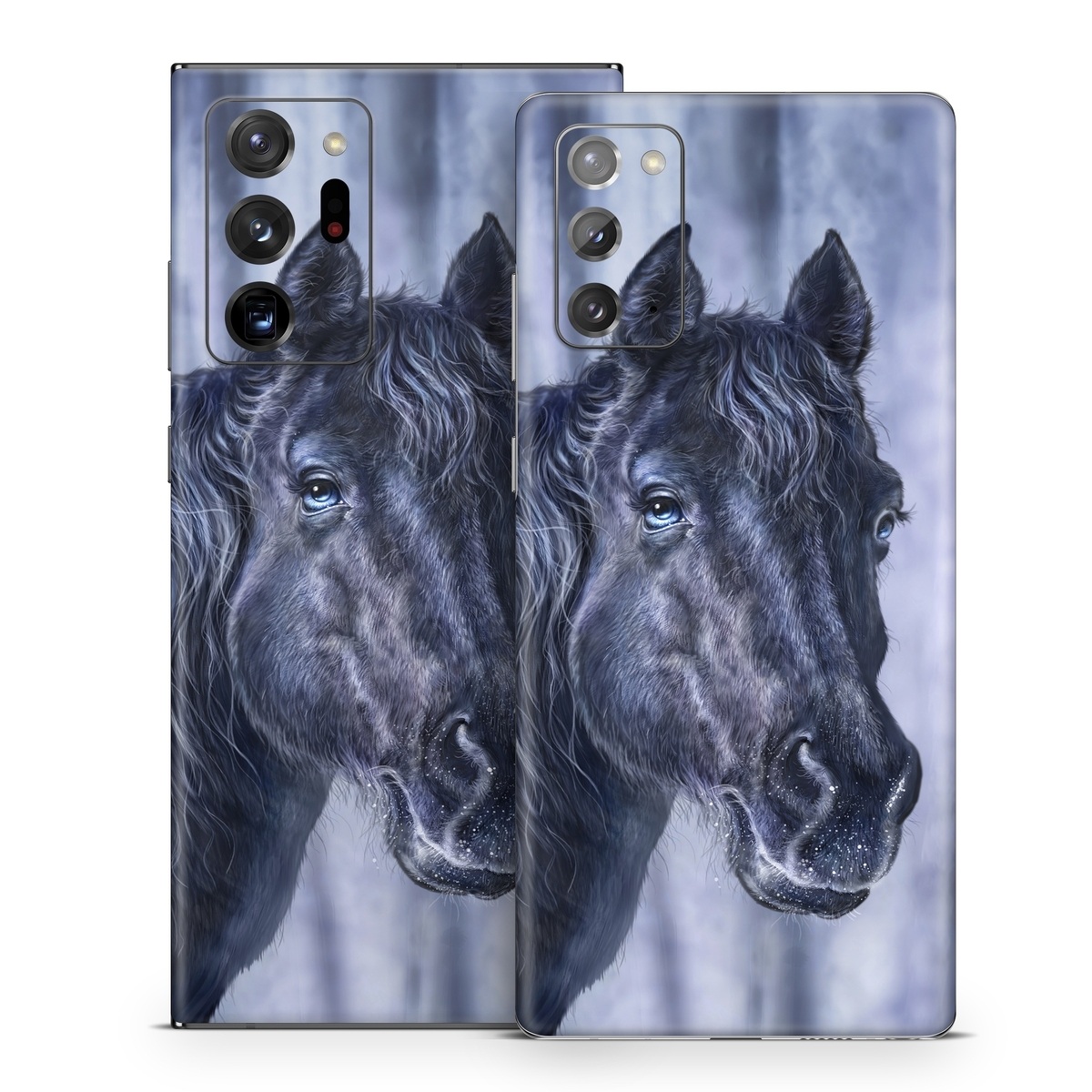 Samsung Galaxy Note 20 Series Skin design of Horse, Mammal, Vertebrate, Hair, Mane, Stallion, Snout, Mare, Mustang horse, Livestock, with black, white, blue colors