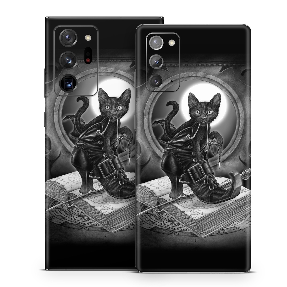 Samsung Galaxy Note 20 Series Skin design of Cat, Boot, Book, Wand, Shoelace, Mirror, with black, white, gray colors