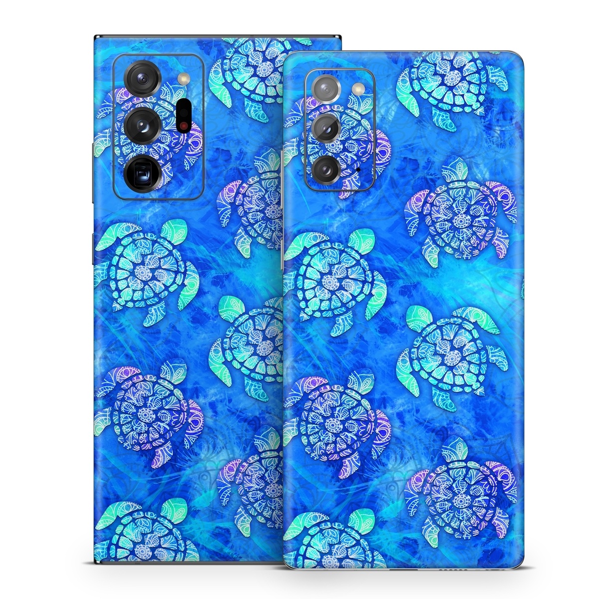 Samsung Galaxy Note 20 Series Skin design of Blue, Pattern, Organism, Design, Sea turtle, Plant, Electric blue, Hydrangea, Flower, Symmetry, with blue, green, purple colors