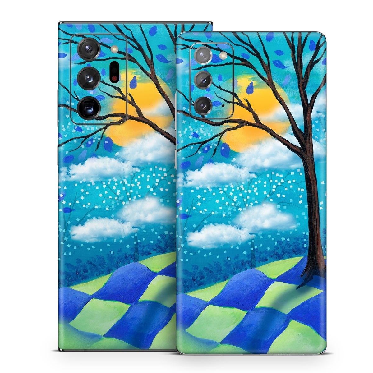 Samsung Galaxy Note 20 Series Skin design of Natural landscape, Nature, Blue, Tree, Sky, Branch, Spring, Woody plant, Plant, Leaf, with blue, gray, black, purple, green colors