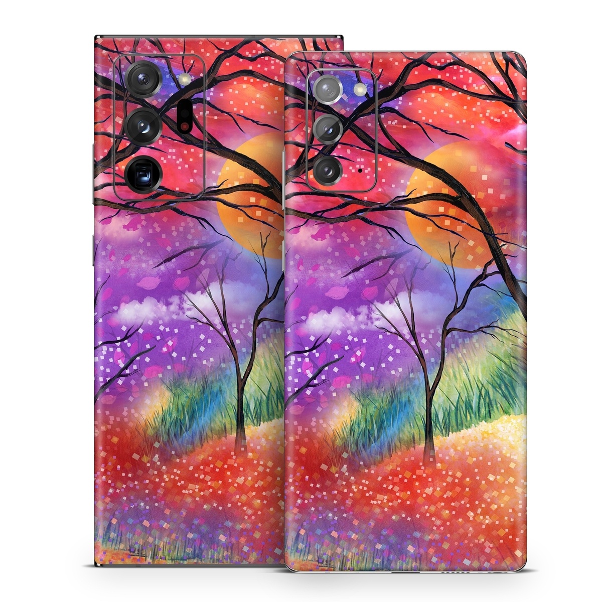 Samsung Galaxy Note 20 Series Skin design of Nature, Tree, Natural landscape, Painting, Watercolor paint, Branch, Acrylic paint, Purple, Modern art, Leaf, with red, purple, black, gray, green, blue colors