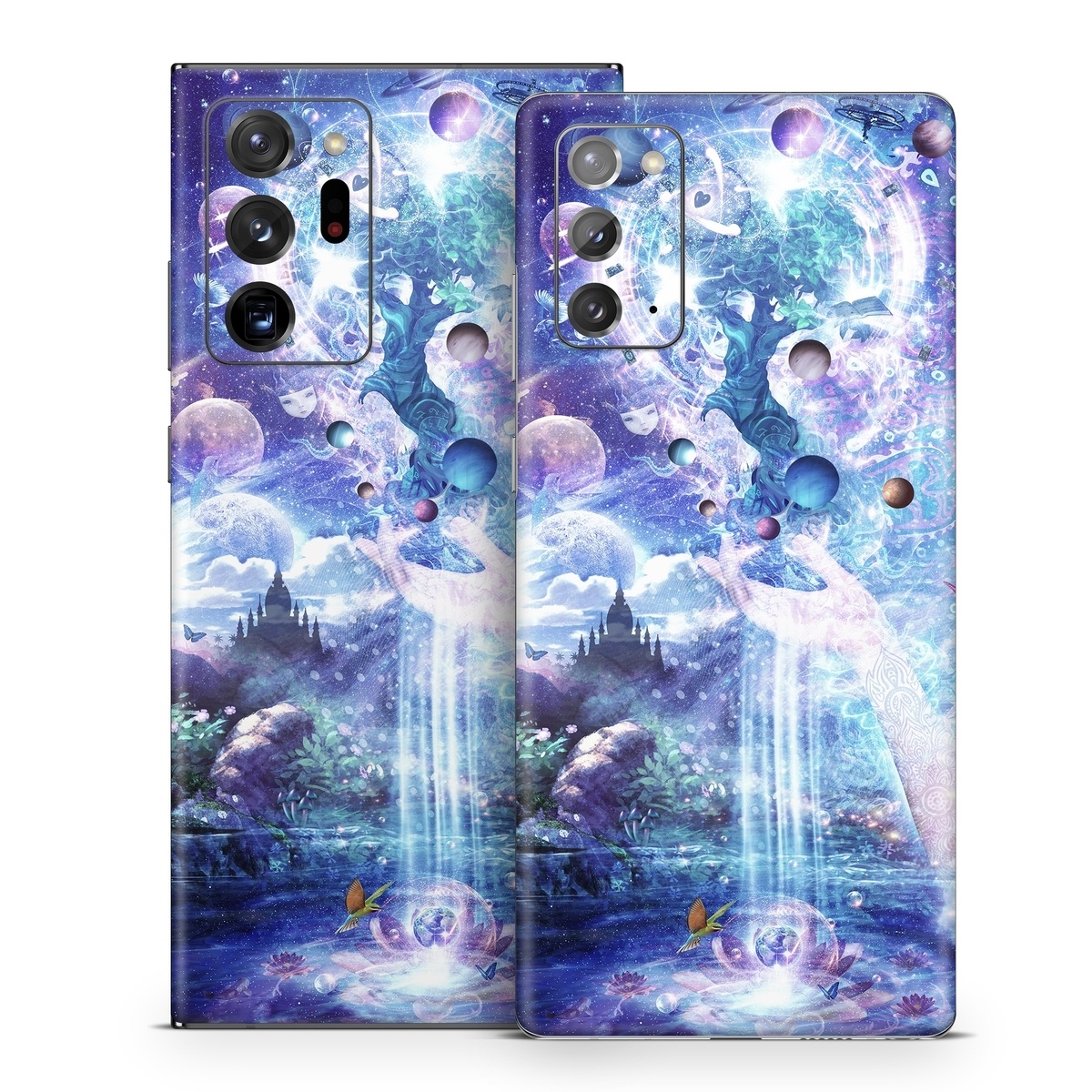 Samsung Galaxy Note 20 Series Skin design of Bird, Butterfly, Planets, Deer, Space, Purple, World, Astronomical Object, Cg Artwork, Illustration, Universe, Painting, Fictional Character, Outer Space, Astronomy, Science, Water Feature, Graphic Design, Graphics, Star, Mythology, with blue, purple, white, black, gray, green colors