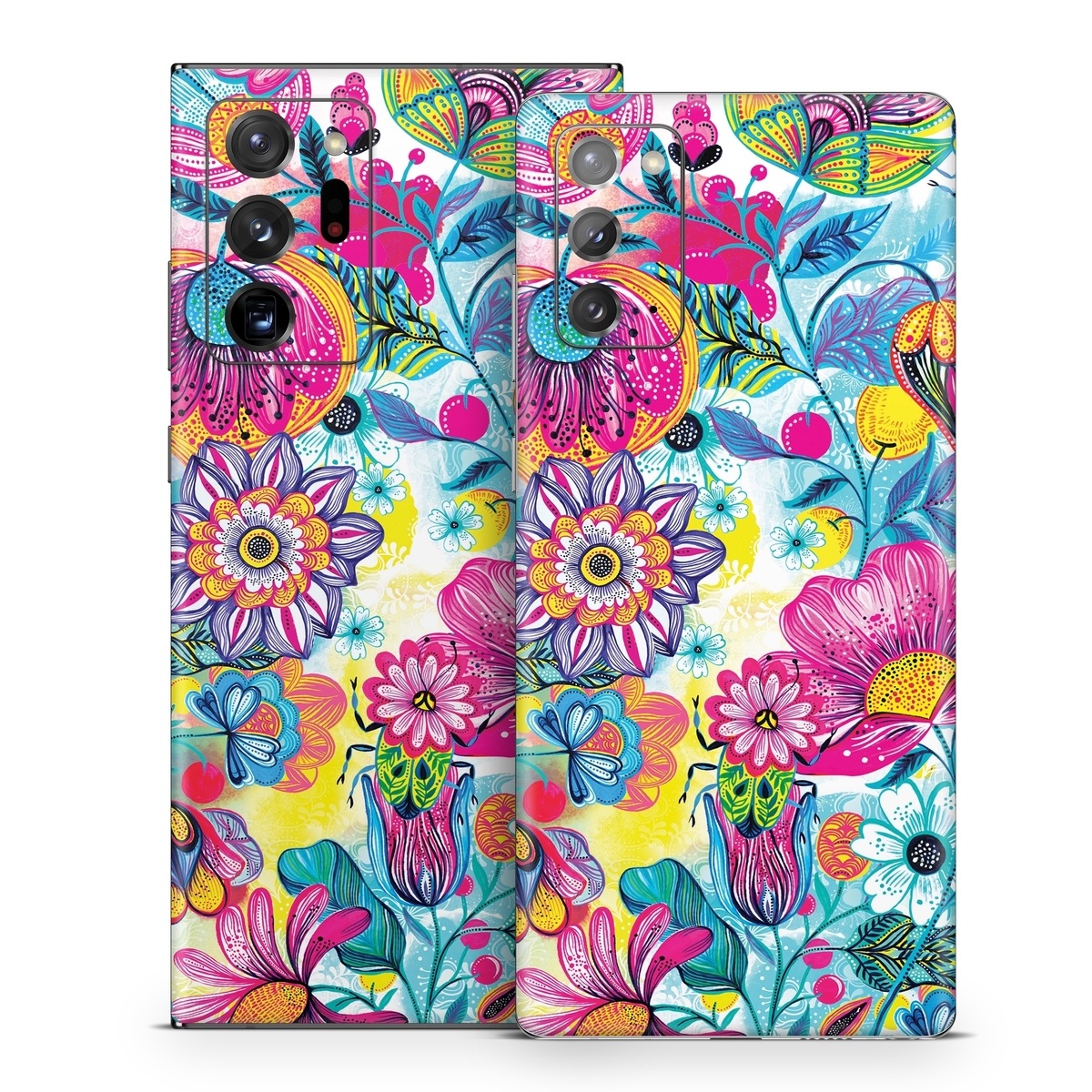 Samsung Galaxy Note 20 Series Skin design of Pattern, Floral design, Textile, Design, Flower, Wildflower, Visual arts, Plant, Wrapping paper, with blue, pink, purple, green, yellow, orange, white colors