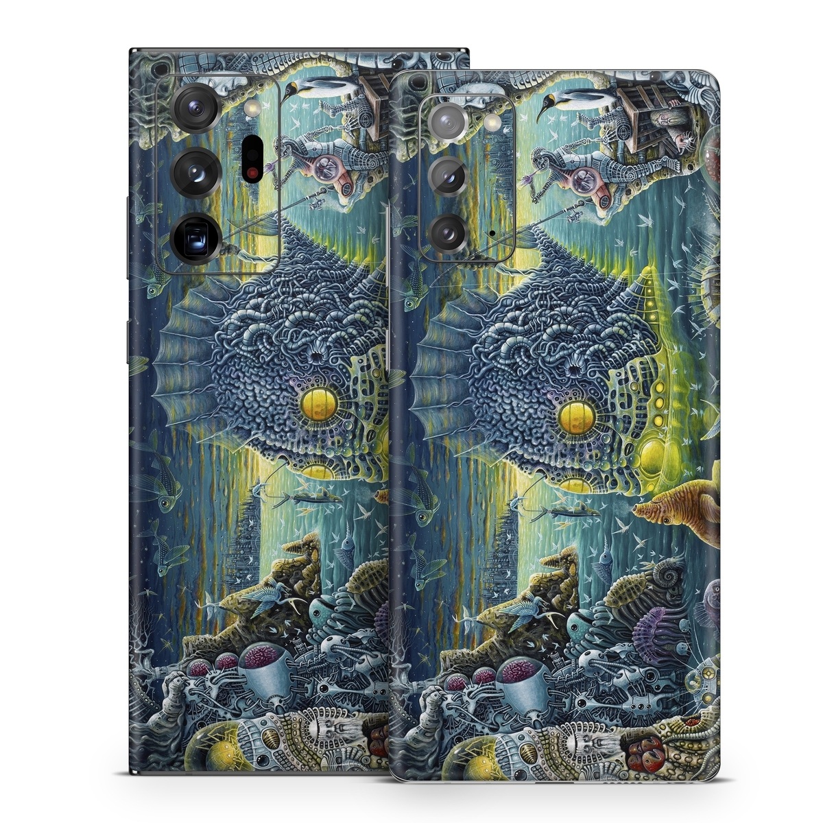 Samsung Galaxy Note 20 Series Skin design of Organism, Water, Illustration, Art, Painting, Cg artwork, Fiction, Fictional character, Marine biology, Mythology, with black, gray, blue, green colors