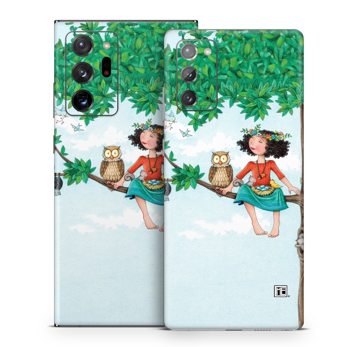 Samsung Galaxy Note 20 Series Skin design of Cartoon, Illustration, Branch, Bird, Owl, Tree, Art, Plant, Clip art, Fictional character, with blue, gray, red, black, white, green colors