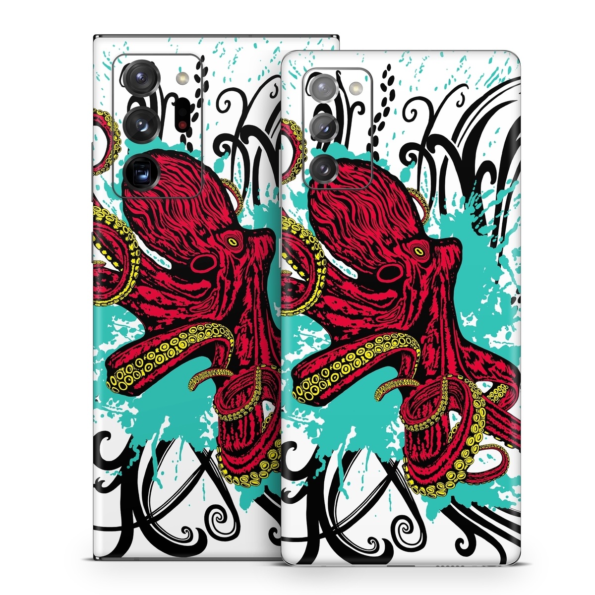 Samsung Galaxy Note 20 Series Skin design of Graphic design, Illustration, Visual arts, Octopus, Design, Art, Fictional character, Pattern, Clip art, Line art, with black, white, gray, red, blue, green colors