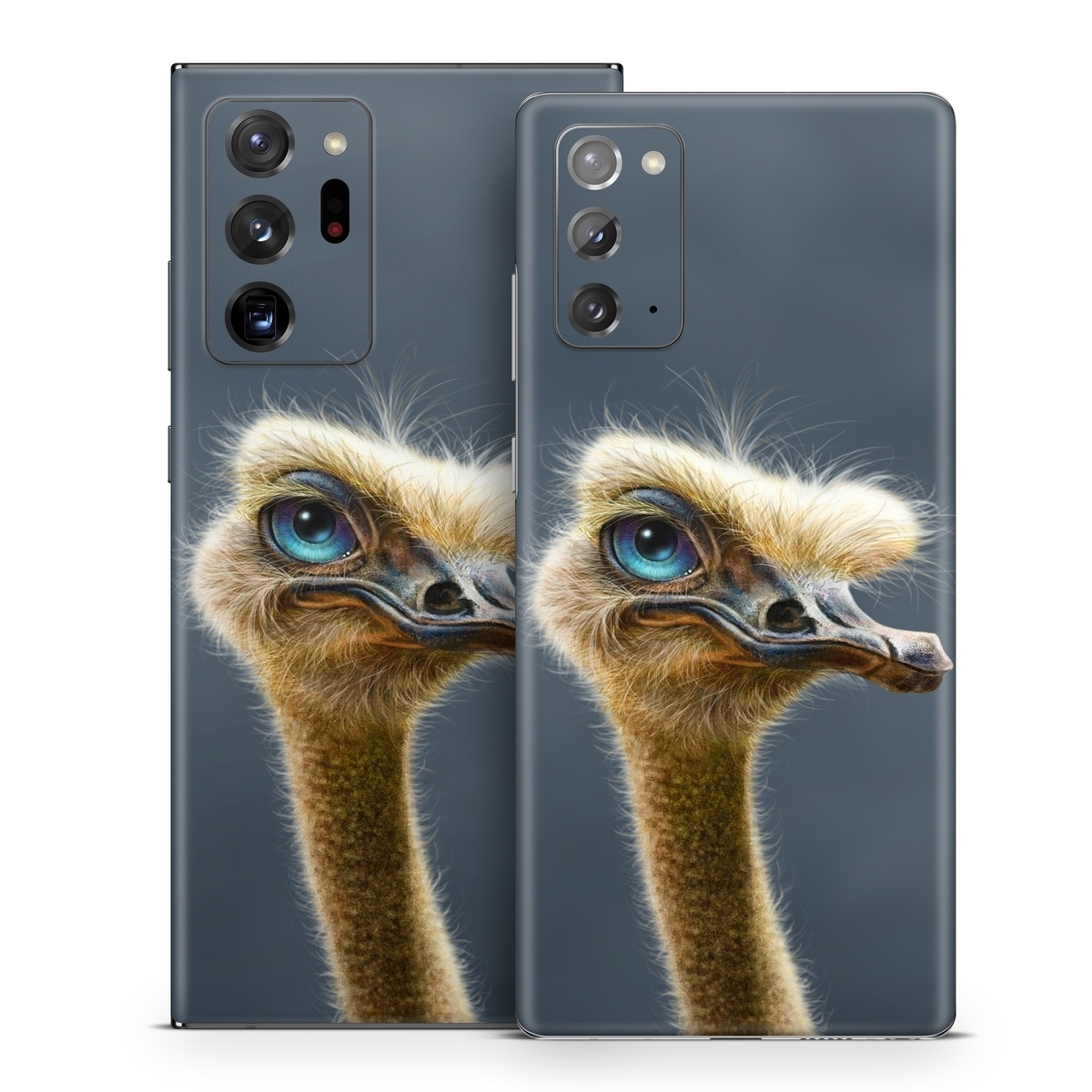 Samsung Galaxy Note 20 Series Skin design of Ostrich, Flightless bird, Ratite, Bird, Beak, Close-up, Emu, Wildlife, Organism, Terrestrial animal, with black, gray, blue, green, red colors