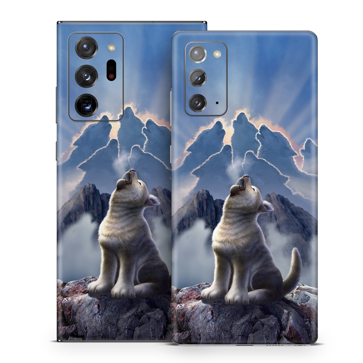 Samsung Galaxy Note 20 Series Skin design of Sky, Cloud, Atmosphere, Rock, Wolf, Photography, Cg artwork, Illustration, Mountain, Mythology, with white, blue, gray, brown colors