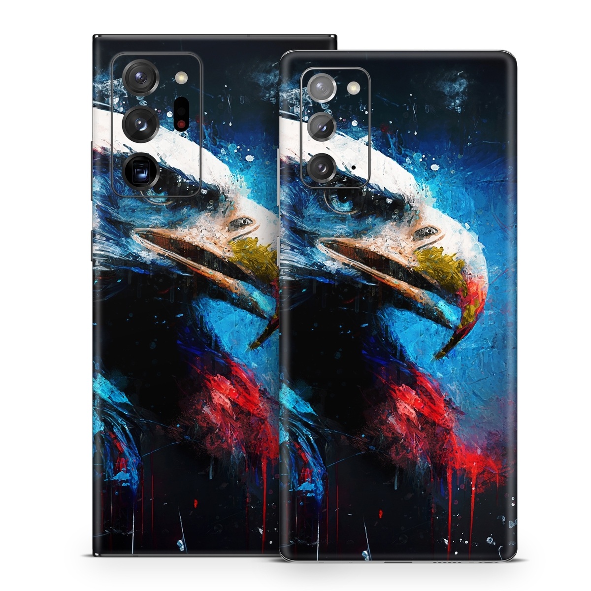 Samsung Galaxy Note 20 Series Skin design of Bird, Beak, Organism, Art, Feather, Paint, Painting, Accipitridae, Bird of prey, Electric blue, with blue, red, white, black, gray, yellow colors