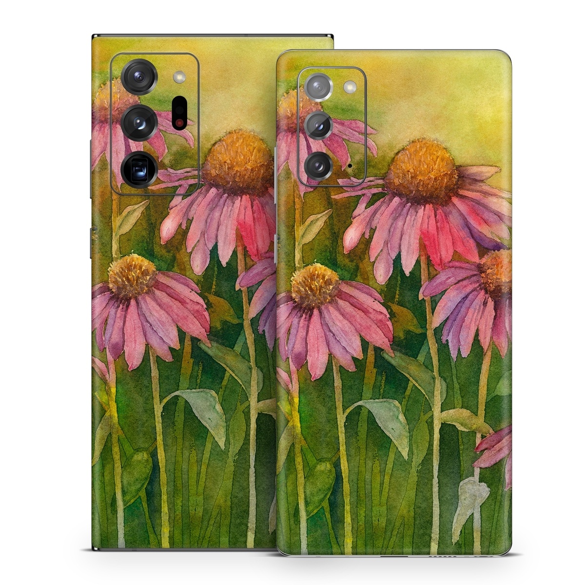 Samsung Galaxy Note 20 Series Skin design of Flowering plant, Purple coneflower, Coneflower, Flower, Plant, Watercolor paint, Wildflower, black-eyed susan, Petal, Daisy family, with black, green, red, gray, purple colors