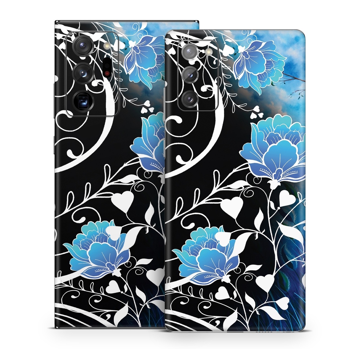 Samsung Galaxy Note 20 Series Skin design of Blue, Pattern, Graphic design, Design, Illustration, Organism, Visual arts, Graphics, Plant, Art, with black, blue, gray, white colors