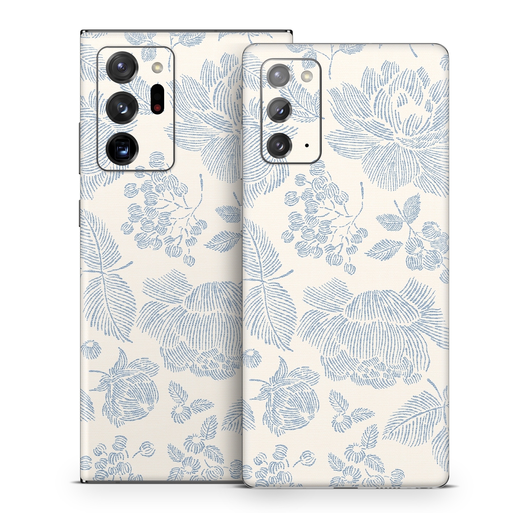 Samsung Galaxy Note 20 Series Skin design of White, Botany, Leaf, Textile, Branch, Organism, Art, Aqua, Line, Rectangle, with white, blue colors
