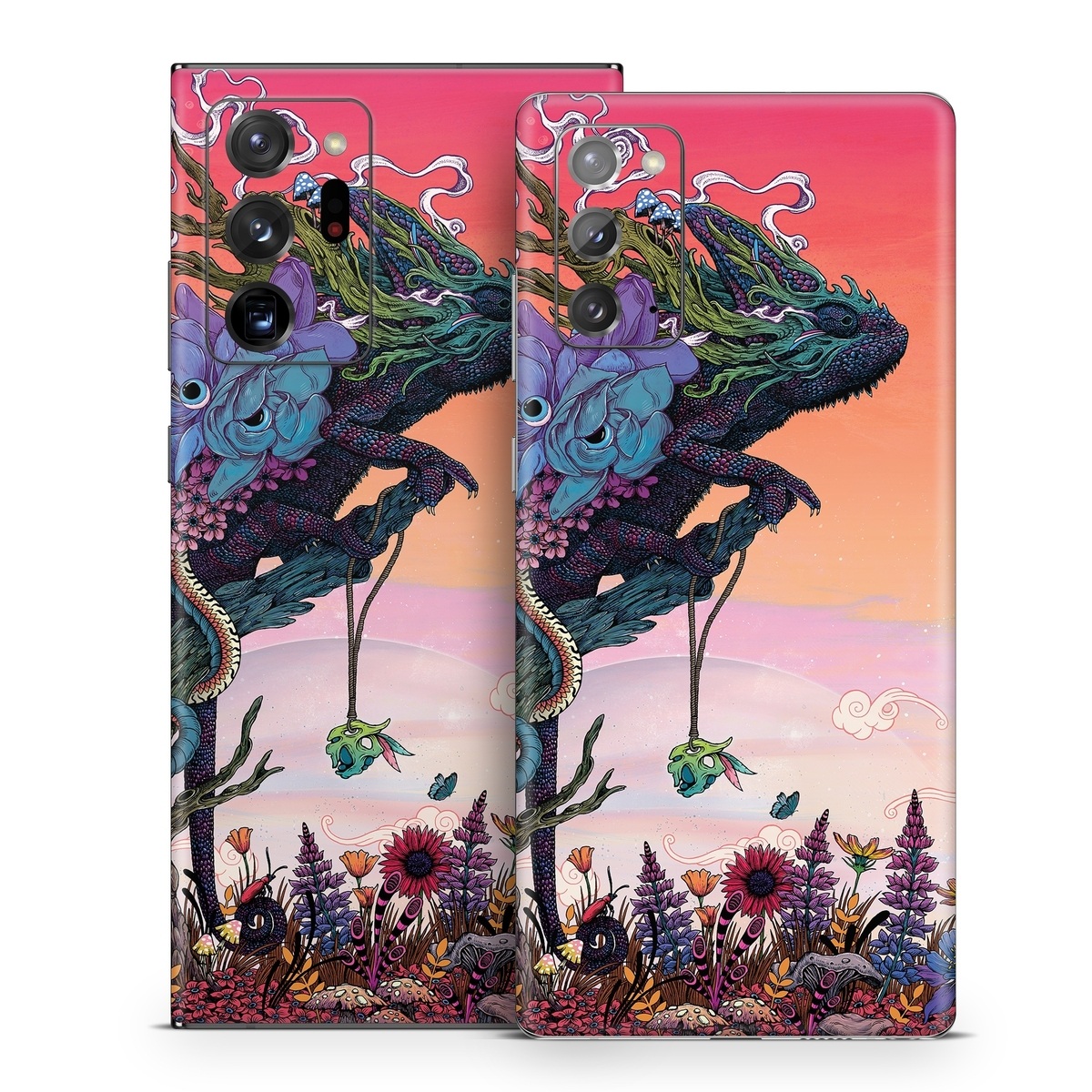 Samsung Galaxy Note 20 Series Skin design of Illustration, Fictional character, Fiction, Art, Organism, Plant, Tree, Graphic design, Cg artwork, with red, orange, green, purple, white, blue, brown colors