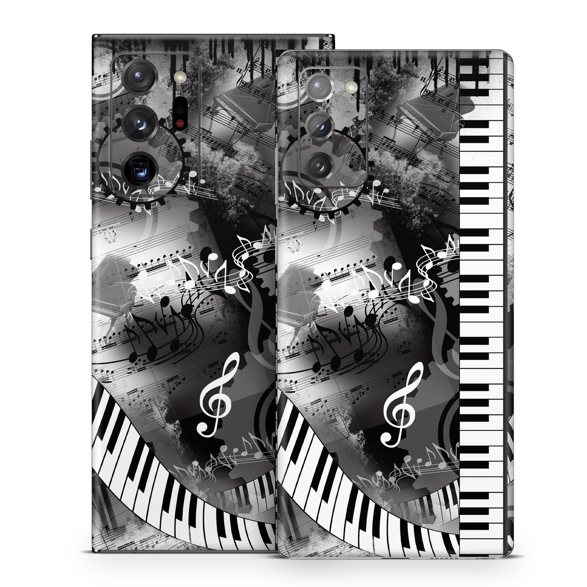 Samsung Galaxy Note 20 Series Skin design of Music, Monochrome, Black-and-white, Illustration, Graphic design, Musical instrument, Technology, Musical keyboard, Piano, Electronic instrument, with black, gray, white colors