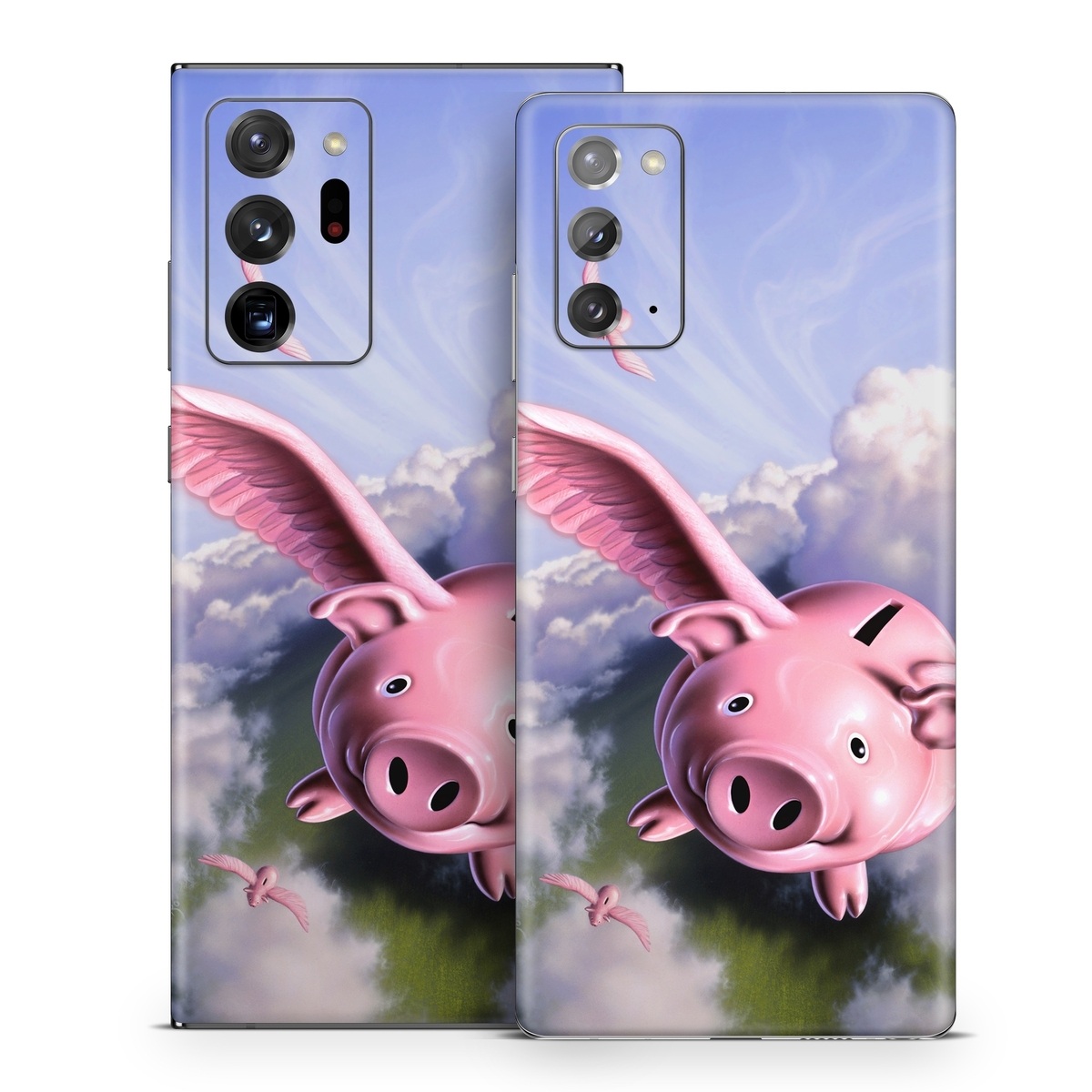 Samsung Galaxy Note 20 Series Skin design of Cloud, Sky, Happy, Pink, Bird, Art, Wing, Snout, Wind, Fictional character, with pink, white, blue, gray, green colors